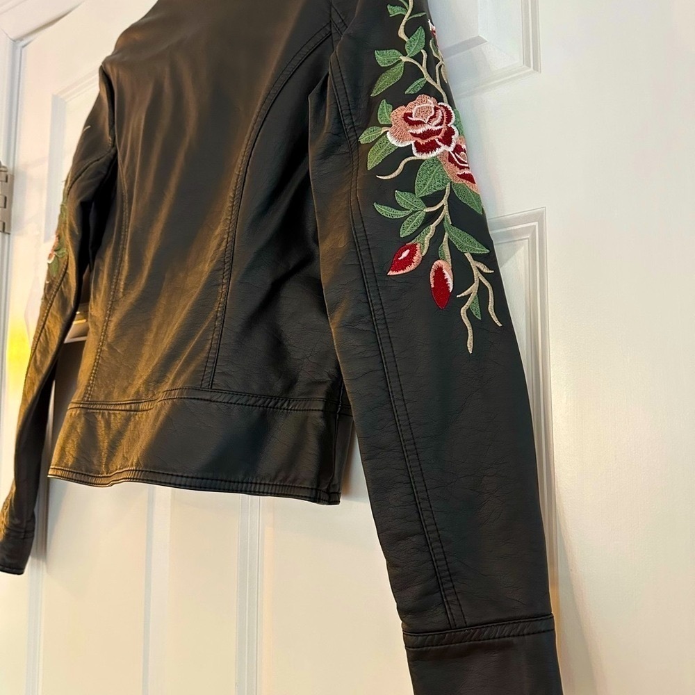 Black Leather Moto Jacket with Embroidery - Picture 3 of 8